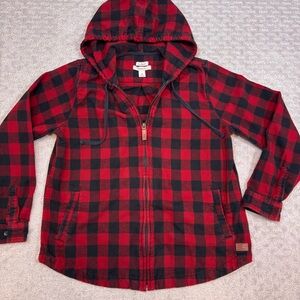 L.L. Bean Jacket Womens Medium Red Black Hooded Flannel Buffalo Plaid Zip